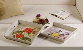 Floral Wood Serving Trays Set of 2 Each with Handles 14.6" Square Flowers Garden image 1