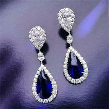 4 Ct Pear Cut Blue Sapphire Women&#39;s Drop &amp; Dangle Earrings 14K White Gold Finish - £70.78 GBP