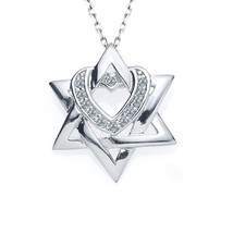 Diamond Jewish Star of Magen David Heart Pendant 14k White Gold Rolo Chain 16&quot; - $417.28