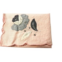 Vintage Fabric Tea Towel Pink with Appliqued Gray Flower Sequins 17 x 12 - £18.06 GBP