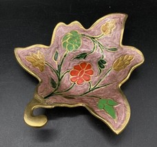 Enameled Brass 6” Maple Leaf Dish Tray Floral Design - $22.27