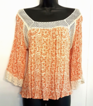 Papermoon Stitch Fix Peasant Blouse Med Lace Trim Orange Print Top Crink... - £15.42 GBP