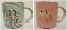Mr  Mrs Ceramic Coffee Mugs Set Gold Trim Pink Gray Marble  Tea Cups Stackable - £9.44 GBP