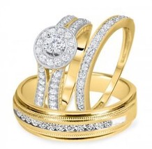 14k Yellow Gold Plated Pure 925 Silver Diamond Matching Trio Wedding Ring Set - £101.65 GBP