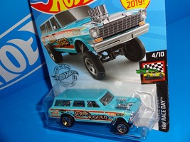 Hot Wheels New For 2019 #198 &#39;64 Nova Wagon Gasser Jerry Rigged Blue - £2.41 GBP