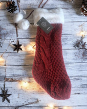 Martha Stewart Christmas Stocking Red White Gold 22&quot; Knit Faux Fur Top Pom Pom - £47.38 GBP
