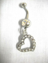 NEW CLEAR CRYSTAL PAVE HEART CHARM ON 14G CLEAR CZ BELLY RING BARBELL LOVE - $5.99