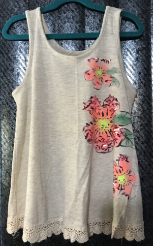 Primary image for Justice Girl's Sz.12 Beige Coral Floral Knit Tank Top Lace base Sequins shimmer