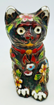 Vintage Chinese Cloisonne Black Cat Kitty Figurine Enamel 3.75 Inch Floral - £18.83 GBP