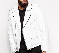 Stylish WHITE New Real Lambskin Leather Handmade Biker Motorcycle Men&#39;s Jacket - £85.77 GBP