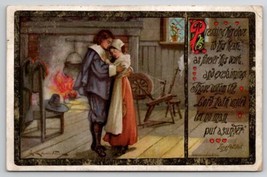 Longfellow Poem Pilgrims  Embracing Scene At Fireplace Thanksgiving Postcard T28 - £5.98 GBP