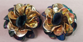 Vintage Iridescent Floral Gold Purple Clip Earrings Funky Chunky 1980s L... - £10.69 GBP