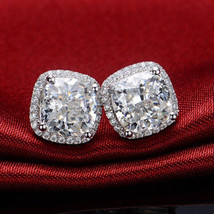 2.50Ct Coupe Coussin Imitation Diamant 14K Plaqué or Blanc Halo Clou Boucles - £62.05 GBP