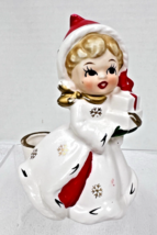 Vintage Christmas Girl w Presents Candle Holder 4&quot; Japan White Coat w Sn... - $28.22