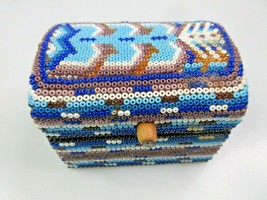 Huichol Hand Beaded Hinged Wooden Trinket Box Blue Multicolored Mexican Folk Art - £19.43 GBP