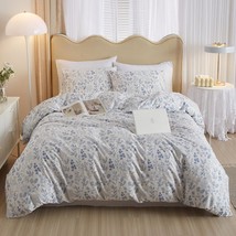 Twin Size Cute White Duvet Cover With Blue Floral Print,Soft Cotton Comforter Co - £73.53 GBP