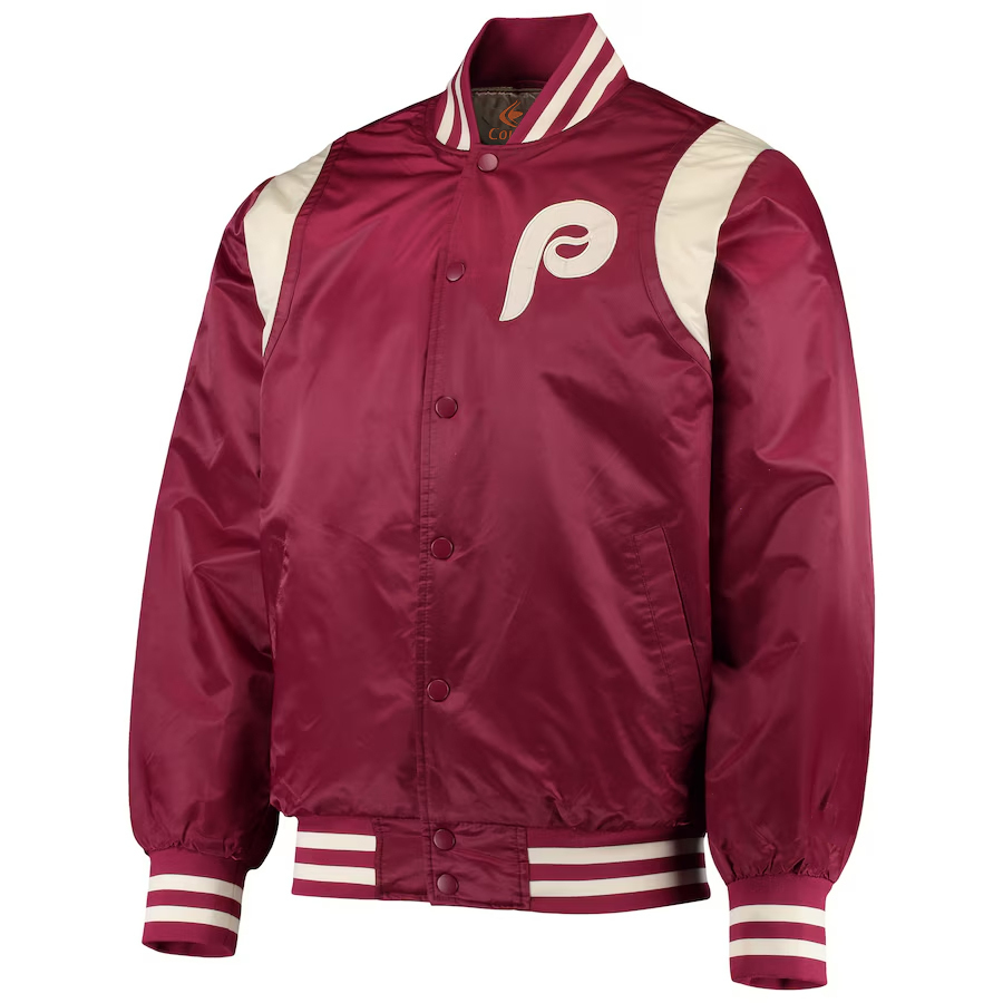 MLB Philadelphia Phillies Maroon Cream Satin Baseball Varsity Letterman Jacket