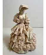 Vintage Porcelain Figurine Woman w Lace Pink Dress - $73.32 CAD
