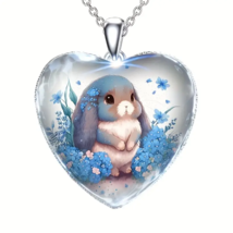 Bunny Rabbit with Blue Petal Flowers Heart Pendant Necklace - New - £10.21 GBP