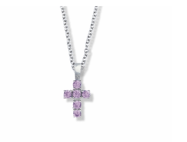 Sterling Silver Cross Necklace With Amethyst Cubic Zirconia Stones - £55.94 GBP