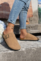 Light French Beige Suede Buckle Detail Slippers - $408.64 MXN