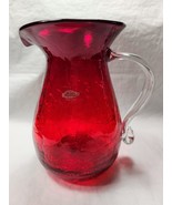 Blenko Red Crackle Clear Handle MCM Hand Blown Pitcher Label - $58.91