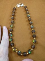 v505-9) 18&quot; amber green synthetic Moonstone + gold beaded Necklace mermaid glass - £46.32 GBP