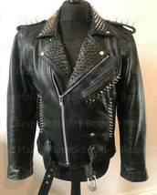 New Men&#39;s Black Silver Spiked Studded Punk Rock Cowhide Biker Leather Jacket-792 - £237.04 GBP