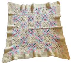 Blanket Baby 40&quot; Square Crocheted Yellow Pink &amp; Blue Soft - £18.27 GBP