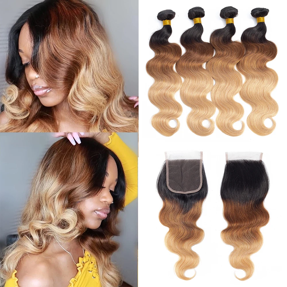 Colored Body Wave Human Hair Bundles With Closure Ombre Blonde Brazilian Hair - £184.92 GBP+