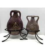 2 Vintage Mexican Flat Vases Handmade Folk Art Boho Style Signed Art Pot... - $64.34