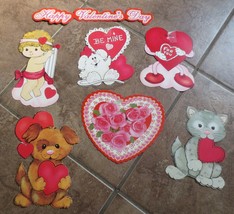 Vtg 7 Valentines Day cardboard Die Cut  Glitter Puppy Kitty Bear Cherubs - £11.71 GBP
