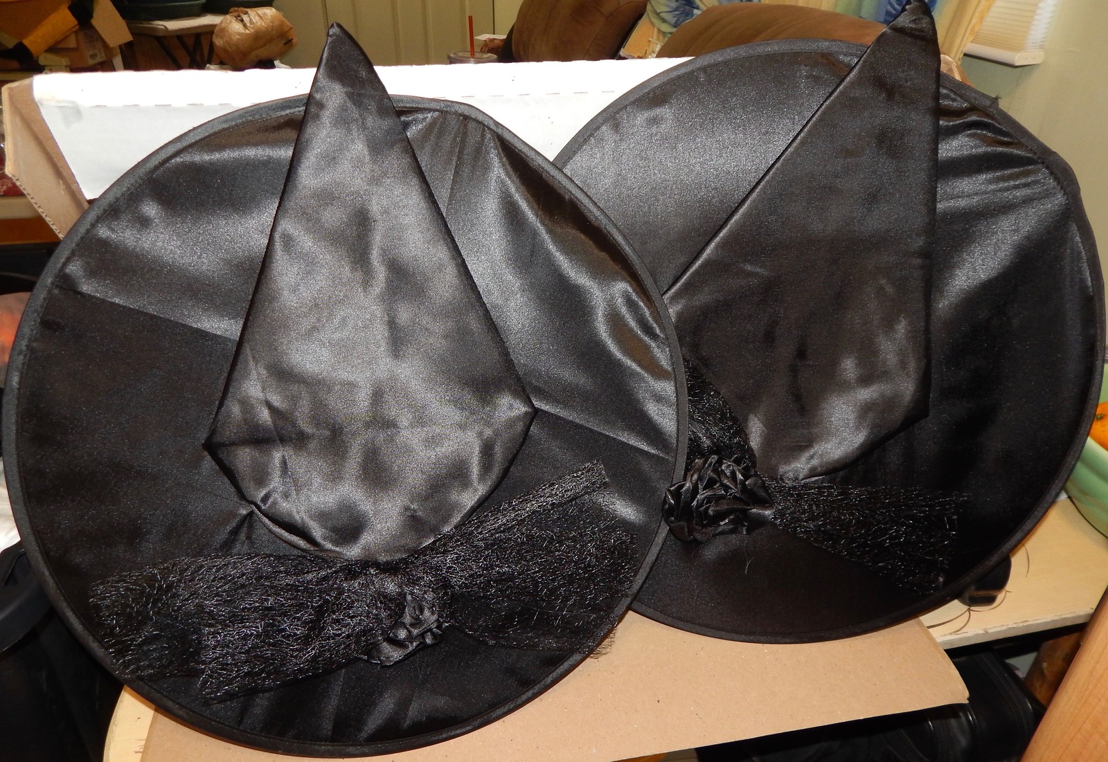 Primary image for Halloween Costume Adult Witch Hats 18" Wide 14" High Black Roses & Netting 127E