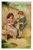 Best Wishes Boy and Girl with Cat Gold Gilt Gel Coated Postcard c1910 Germany - £6.33 GBP