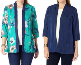 Iman Global Chic Reversible Print &amp; Solid Topper- Green Floral / Navy, Large - £20.30 GBP
