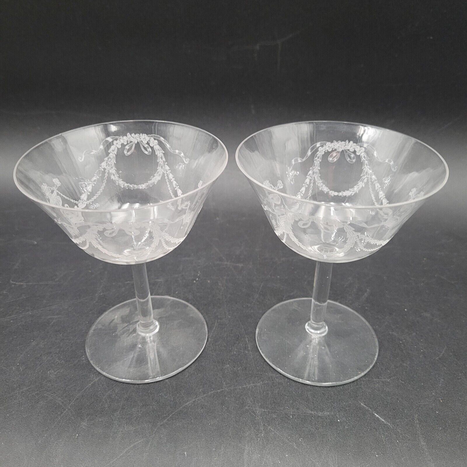 Two Antique c.1920 Fostoria Garland Champagne Sherbet Clear Etch Glasses... - $14.84