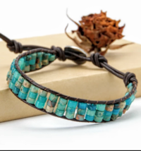 Leather Jasper Stacked Disk Wrap Bracelet - $22.00