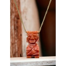 Tiki God Statue Necklace Pendant Gold Tone Island Carved Stone Style Hawaiian - £11.70 GBP