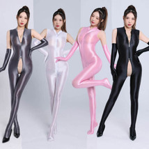  Satin Glossy Long Sleeve Zipper One Piece Swimsuit High-Cut Bodysuit Stockings - £14.26 GBP