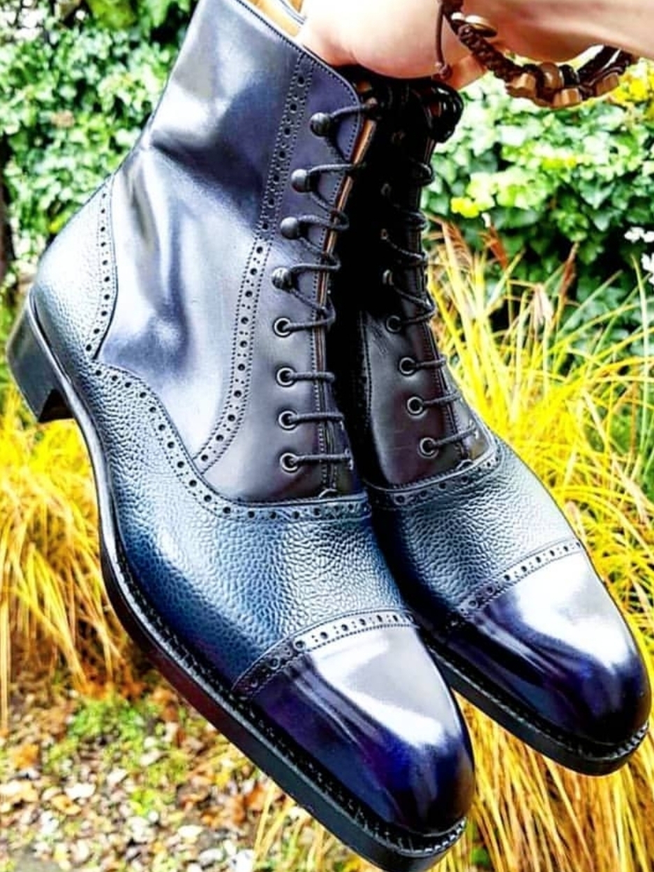 New Two Tone High Ankle Rounded Cap Toe Genuine Leather Lace up Boots for Men's