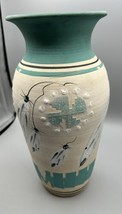 Pottery Vase Mark Nowak Signed Artist Aqua Blue White Bug Hand Painted NA 13&quot; - $186.96