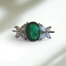 Sterling 925 Green Emerald &amp; CZ Stackable Ring sz 8.75 - £14.78 GBP