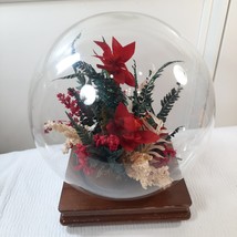 Vintage Floral glass globe terrarium wood base red poinsettia flower cen... - $45.00