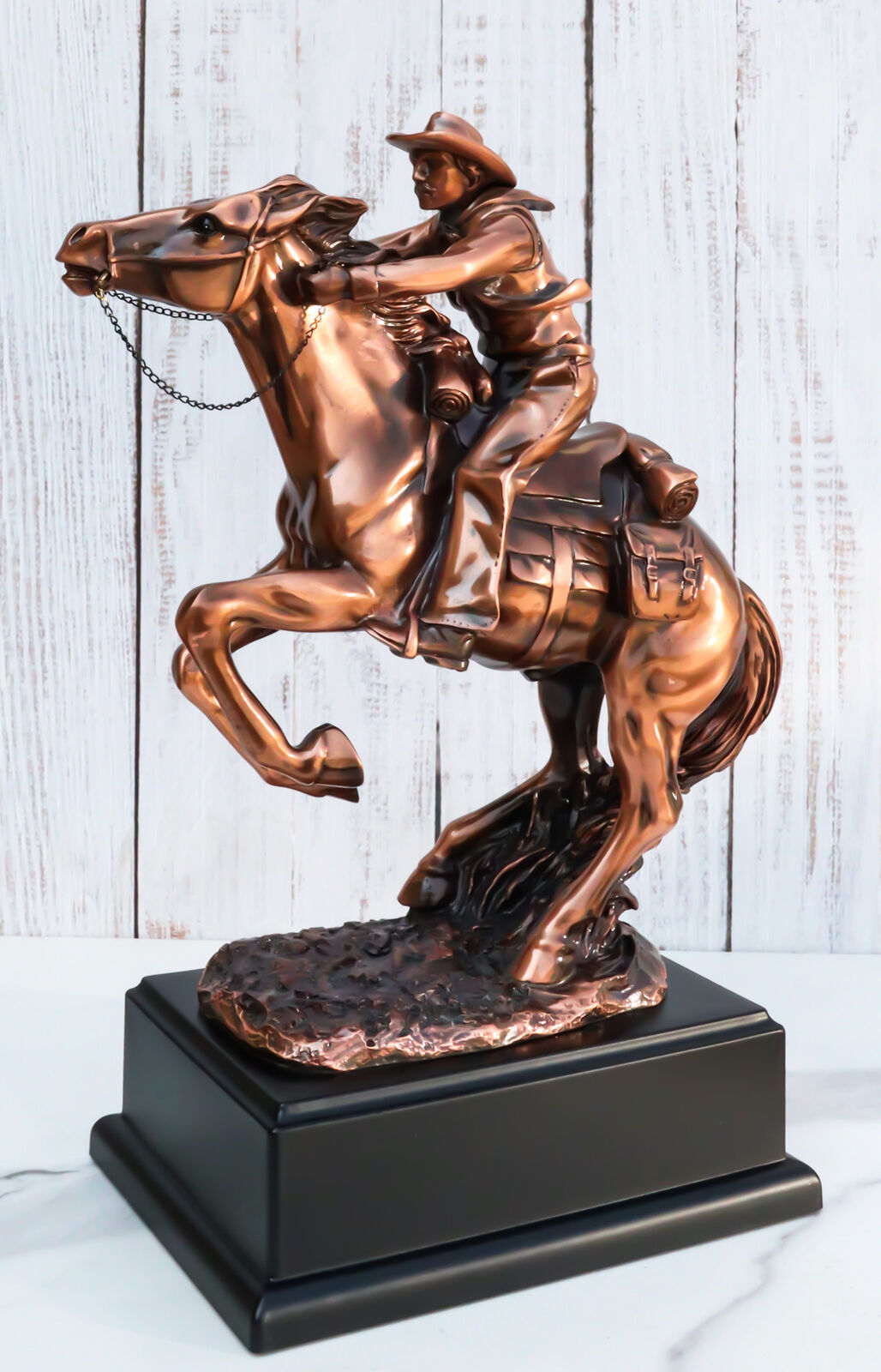 Rustic Western Wild Cowboy Bracing On A Galloping Horse Bronzed Resin Statue Item image 11
