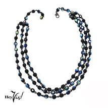 Vintage Triple Strand Iridescent Black Bead Necklace Choker 16&quot; Long - Hey Viv - £20.45 GBP