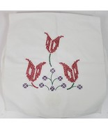 Vintage Hand Cross Stitch Red Tulip Table Runner 28x14 Inch - $16.83