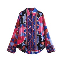 Zevity Women Vintage Contrast Color  Print Smock Blouse Office Lady Business Shi - £42.92 GBP