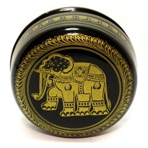 India Lacker Black Gold Hand Painted Elephant Round Trinket Box 4.5&quot; Vintage  - £23.71 GBP