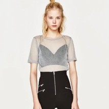 Zara sheer blue textured sparkly stretchy mesh top Size S - £27.31 GBP