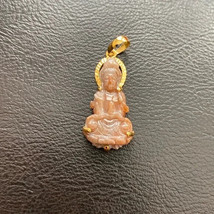 14K Real Gold Solid Carved Natural Red Jade Guanyin Kwan Yin Buddha Pendant - £347.32 GBP